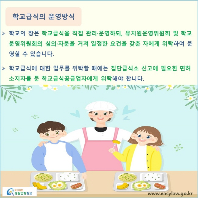 학교의 장은 학교급식을 직접 관리·운영하되 유치원운영위원회 및 학교운영위원회의 심의·자문을 거쳐 일정한 요건을 갖춘 자에게 위탁하여 운영할 수 있습니다.
학교급식에 대한 업무를 위탁할 때에는 집단급식소 신고에 필요한 면허소지자를 둔 학교급식공급업자에게 위탁해야 합니다.