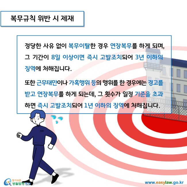 정당한 사유 없이 복무이탈한 경우 연장복무를 하게 되며, 그 기간이 8일 이상이면 즉시 고발조치되어 3년 이하의 징역에 처해집니다. 
또한 근무태만이나 가혹행위 등의 행위를 한 경우에는 경고를 받고 연장복무를 하게 되는데, 그 횟수가 일정 기준을 초과하면 즉시 고발조치되어 1년 이하의 징역에 처해집니다. 