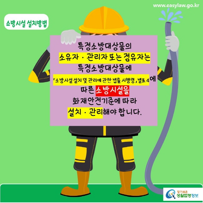 www.easylaw.go.kr 소방시설 설치방법 특정소방대상물의 소유자·관리자 또는 점유자는 특정소방대상물에  「소방시설 설치 및 관리에 관한 법률 시행령」 별표 4에 따른 소방시설을 화재안전기준에 따라 설치·관리해야 합니다. 