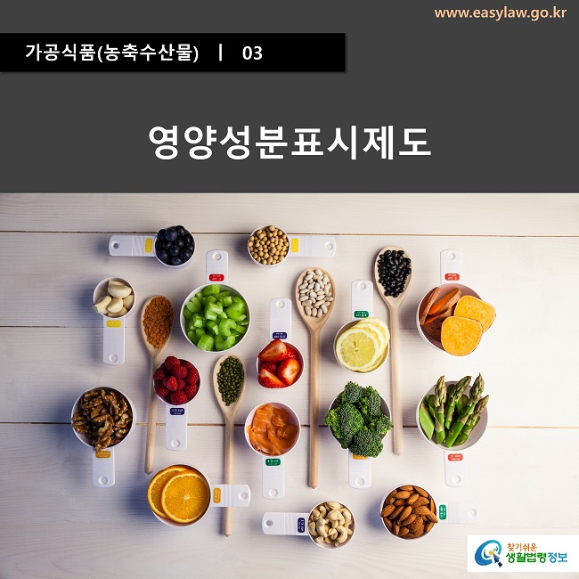 가공식품(농축수산물)  ㅣ  03
영양성분표시제도
www.easylaw.go.kr
찾기쉬운 생활법령정보 로고