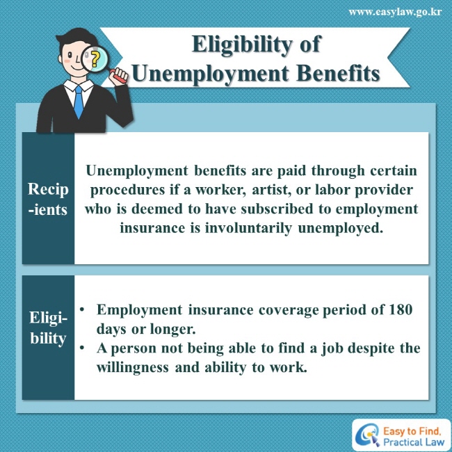 Recipients: Unemployment benefits are paid through certain procedures if a worker, artist, or labor provider 
who is deemed to have subscribed to employment insurance is involuntarily unemployed. 
Eligibility:
· Employment insurance coverage period of 180 days or longer.
· A person not being able to find a job despite the willingness and ability to work.