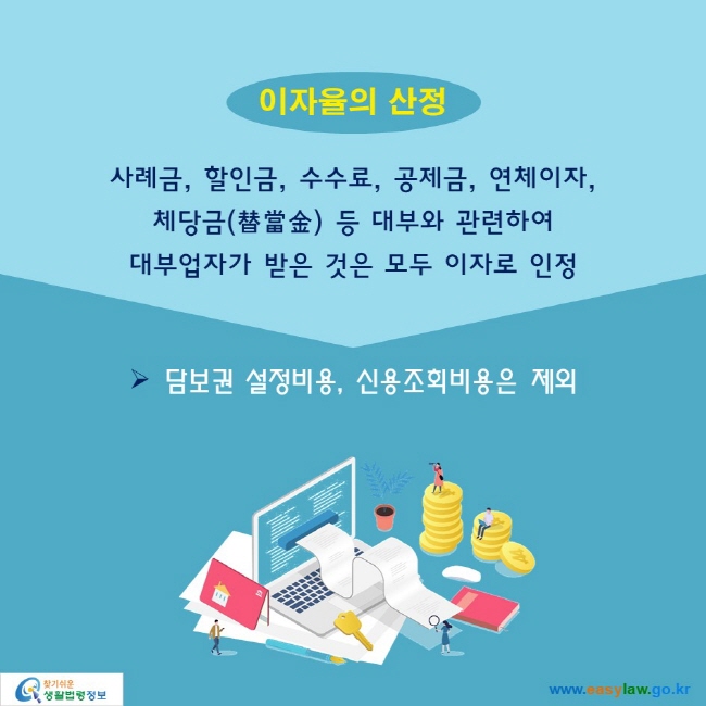 이자율의 산정

사례금, 할인금, 수수료, 공제금, 연체이자, 체당금(替當金) 등 대부와 관련하여 대부업자가 받은 것은 모두 이자로 인정 

▶ 담보권 설정비용, 신용조회비용은 제외