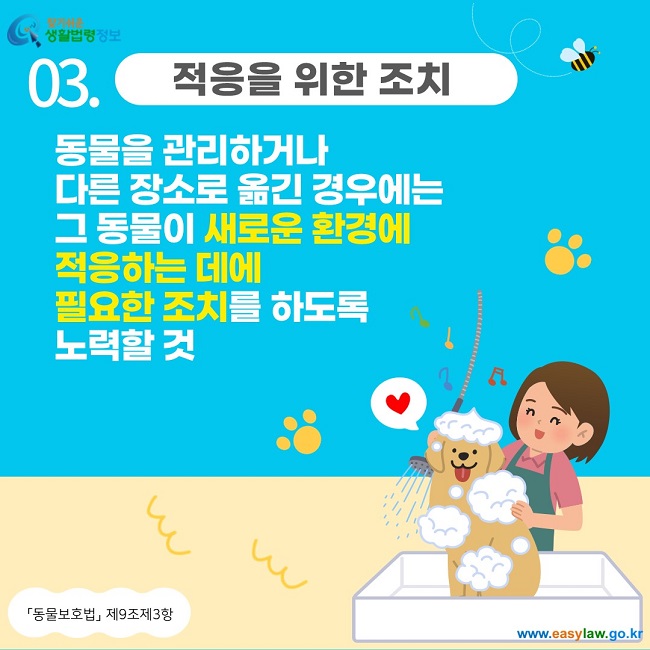 03. 적응을 위한 조치 동물을 관리하거나  다른 장소로 옮긴 경우에는  그 동물이 새로운 환경에  적응하는 데에  필요한 조치를 하도록  노력할 것 「동물보호법」  제9조제3항