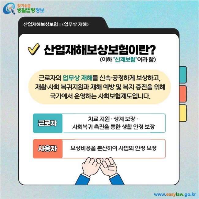 산업재해보상보험이란? (이하 “산재보험”이라 함)  근로자의 업무상 재해를 신속·공정하게 보상하고, 재활·사회 복귀지원과 재해 예방 및 복지 증진을 위해 국가에서 운영하는 사회보험제도입니다.  근로자: 치료 지원·생계 보장·사회복귀 촉진을 통한 생활 안정 보장  사용자: 보상비용을 분산하여 사업의 안정 보장