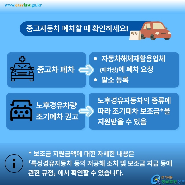 중고차 폐차 - 자동차해체재활용업체(폐차장)에 폐차 요청, 말소등록. 노후경유차량 조기폐차 권고 - 노후경유자동차의 종류에 따라 조기폐차 보조금을 지원받을 수 있음