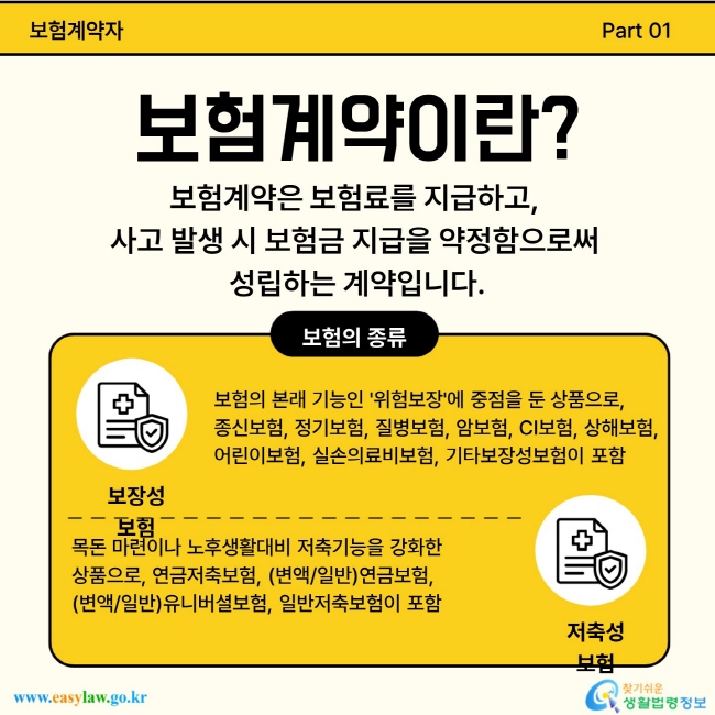 보험계약은 보험료를 지급하고, 사고 발생 시 보험금 지급을 약정함으로써 성립하는 계약입니다.