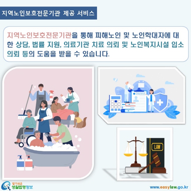 www.easylaw.go.kr 찾기쉬운 생활법령정보 로고 지역노인보호전문기관 제공 서비스 지역노인보호전문기관을 통해 피해노인 및 노인학대자에 대 한 상담, 법률 지원, 의료기관 치료 의뢰 및 노인복지시설 입소 의뢰 등의 도움을 받을 수 있습니다.