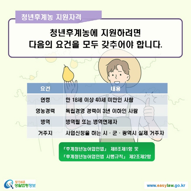 청년후계농 지원자격 청년후계농에 지원하려면 다음의 요건을 모두 갖추어야 합니다. 요건 내용 연령 만 18세 이상 40세 미만인 사람 영농경력 독립경영 경력이 3년 이하인 사람 병역 병역필 또는 병역면제자 거주지 사업신청을 하는 시·군·관역시 실제 거주자