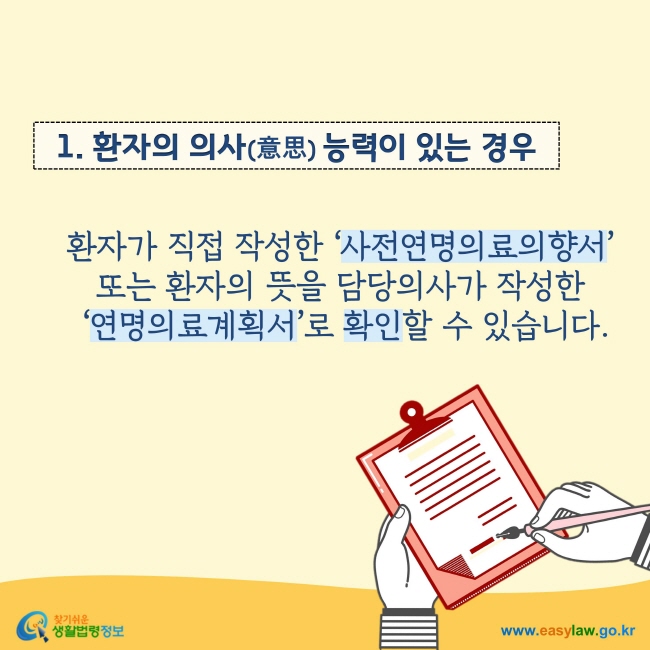 환자의 의사(意思) 능력이 있는 경우에는 환자가 직접 작성한 ‘사전연명의료의향서’ 또는 환자의 뜻을 담당의사가 작성한 '연명의료계획서'로 확인할 수 있습니다.