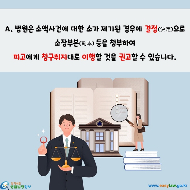 법원은 소액사건에 대한 소가 제기된 경우에 결정(決定)으로  소장부본(副本) 등을 첨부하여  피고에게 청구취지대로 이행할 것을 권고할 수 있습니다.