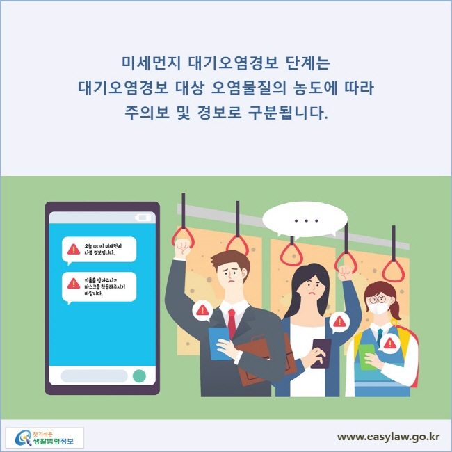 미세먼지 대기오염경보 단계는 대기오염경보 대상 오염물질의 농도에 따라 주의보 및 경보로 구분됩니다.