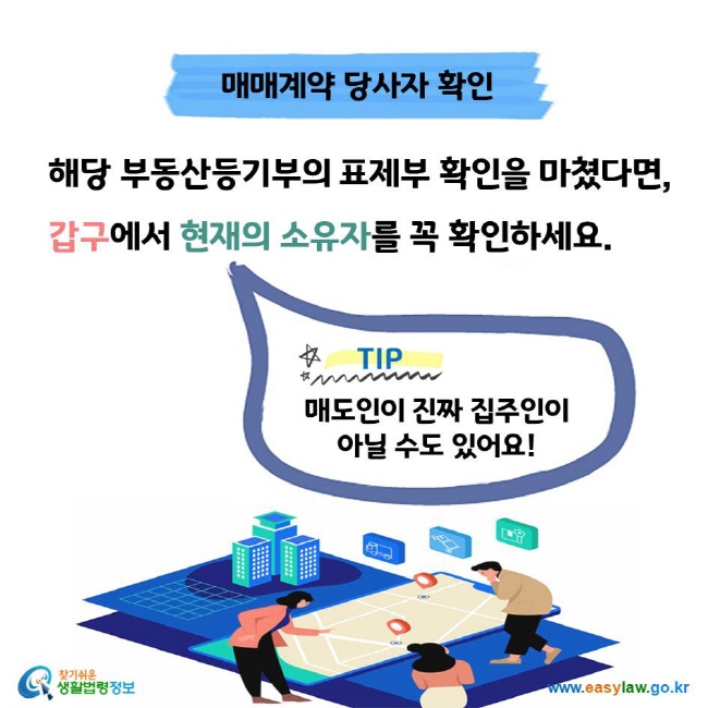 매매계약 당사자 확인 해당 부동산등기부의 표제부 확인을 마쳤다면, 갑구에서 현재의 소유자를 꼭 확인하세요. TIP 매도인이 진짜 집주인이 아닐 수도 있어요!