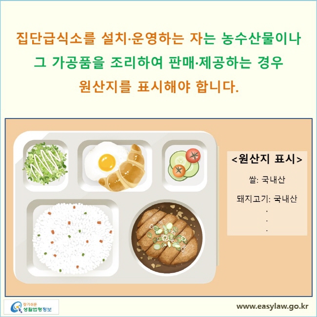 집단급식소를 설치·운영하는 자는 농수산물이나 그 가공품을 조리하여 판매·제공하는 경우 원산지를 표시해야 합니다.