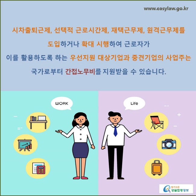 시차출퇴근제, 선택적 근로시간제, 재택근무제, 원격근무제를 도입하거나 확대 시행하여 근로자가 
이를 활용하도록 하는 우선지원 대상기업과 중견기업의 사업주는 국가로부터 간접노무비를 지원받을 수 있습니다.
