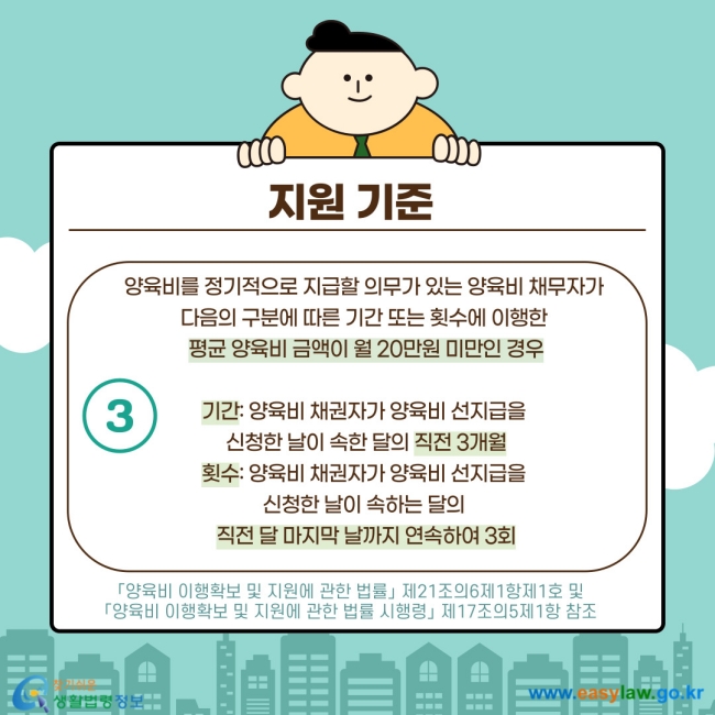 지원기준 3. 양육비를 정기적으로 지급할 의무가 있는 양육비 채무자가&nbsp; 다음의 구분에 따른 기간 또는 횟수에 이행한 평균 양육비&nbsp; 금액이 월 20만원 미만인 경우 기간: 양육비채권자가 양육비 선지급을 신청한 날이 속한 달의 직전 3개월. 횟수: 양육비 채권자가 양육비 선지급을 신청한 날이 속하는 달의 직전 달 마지막 날까지 연속하여 3회