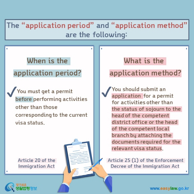 The “application period” and “application method” are the following: When is the application period?  You must get a permit before performing activities other than those corresponding to the current visa status. Article 20 of the Immigration Act What is the application method?  You should submit an application  for a permit for activities other than the status of sojourn to the head of the competent district office or the head of the competent local branch by attaching the documents required for the relevant visa status. Article 25 (1) of the Enforcement Decree of the Immigration Act