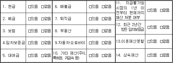 현금, 예금, 보험, 임차보증금, 대여금, 매출금, 퇴직금, 부동산, 자동차·오토바이, 기타 재산(주식, 특허권, 귀금속 등), 지급불가능 시점의 1년 이전부터 현재까지 재산 처분 여부, 최근 2년간 받은 임차보증금, 이혼재산분할, 상속재산의 유 무를 확인합니다.