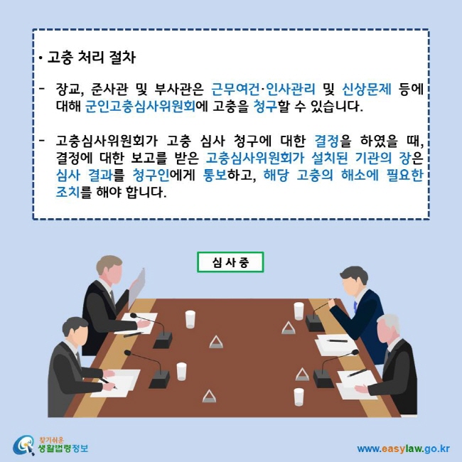 고충 처리 절차
장교, 준사관 및 부사관은 근무여건·인사관리 및 신상문제 등에 대해 군인고충심사위원회에 고충을 청구할 수 있습니다. 
고충심사위원회가 고충 심사 청구에 대한 결정을 하였을 때, 결정에 대한 보고를 받은 고충심사위원회가 설치된 기관의 장은 심사 결과를 청구인에게 통보하고, 해당 고충의 해소에 필요한 조치를 해야 합니다.
찾기쉬운 생활법령정보 로고
www.easylaw.go.kr
