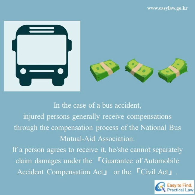In the case of a bus accident, injured persons generally receive compensations through the compensation process of the National Bus Mutual-Aid Association. If a person agrees to receive it, he/she cannot separately claim damages under the 「Guarantee of Automobile Accident Compensation Act」 or the 「Civil Act」. 
