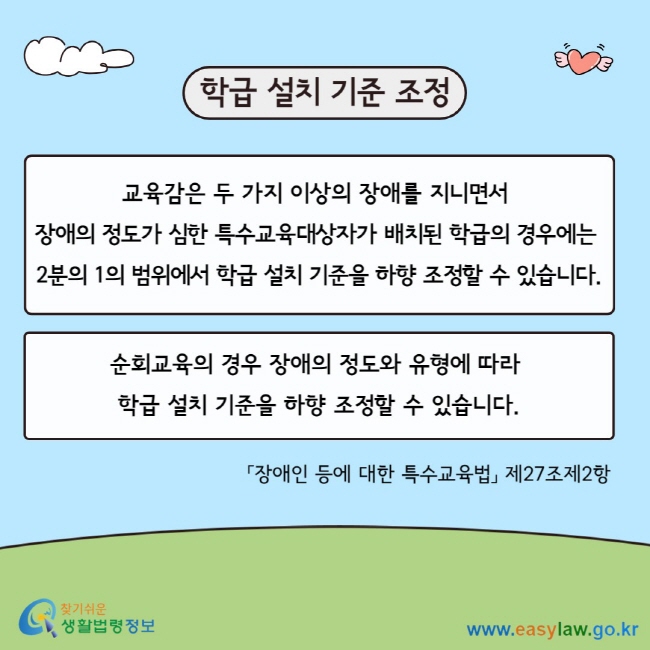 학급 설치 기준 조정 교육감은 두 가지 이상의 장애를 지니면서&nbsp; 장애의 정도가 심한&nbsp;특수교육대상자가 배치된 학급의 경우에는&nbsp; 2분의 1의 범위에서 학급 설치 기준을 하향 조정할 수 있습니다. 순회교육의 경우 장애의 정도와 유형에 따라&nbsp; 학급 설치 기준을 하향 조정할 수 있습니다. 「장애인 등에 대한 특수교육법」 제27조제2항