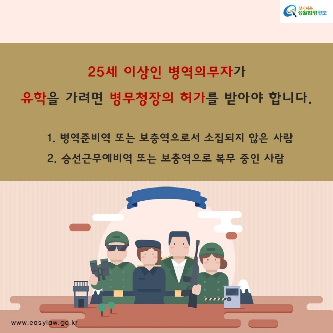 25세 이상인 병역의무자가
유학을 가려면 병무청장의 허가를 받아야 합니다. 1. 병역준비역 또는 보충역으로서 소집되지 않은 사람
2. 승선근무예비역 또는 보충역으로 복무 중인 사람
