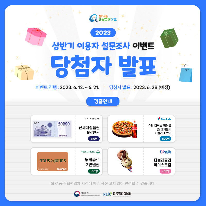 찾기 쉬운 생활법령정보 2023 상반기 이용자 설문조사 이벤트 당첨자 발표 이벤트 진행: 2023. 6. 12. ~ 6. 21. 당첨자 발표: 2023. 6. 28.(예정) 경품안내: 신세계상품권 5만원권 10명, 도미노피자 슈퍼디럭스 히어로(오리지널)L+콜라1.25L 20명, 뚜레쥬르 2만원권 30명, 배스킨라빈스 더블레귤러 아이스크림 55명 ※ 경품은 협력업체 사정에 따라 사전 고지 없이 변경될 수 있습니다. 법제처 한국법령정보원 찾기 쉬운 생활법령정보 2023 상반기 이용자 설문조사 이벤트 당첨자 발표 이벤트 진행: 2023. 6. 12. ~ 6. 21. 당첨자 발표: 2023. 6. 28.(예정) 경품안내: 신세계상품권 5만원권 10명, 도미노피자 슈퍼디럭스 히어로(오리지널)L+콜라1.25L 20명, 뚜레쥬르 2만원권 30명, 배스킨라빈스 더블레귤러 아이스크림 55명 ※ 경품은 협력업체 사정에 따라 사전 고지 없이 변경될 수 있습니다. 법제처 한국법령정보원