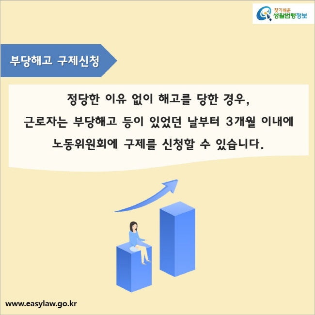 부당해고 구제신청

정당한 이유 없이 해고를 당한 경우, 근로자는 부당해고 등이 있었던 날부터 3개월 이내에 노동위원회에 구제를 신청할 수 있습니다.