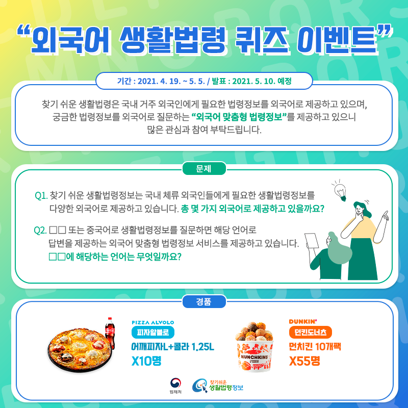 외국어 생활법령 퀴즈 이벤트기간: 2021. 4. 19. ~ 5. 5.발표: 2021. 5. 10. 예정찾기 쉬운 생활법령은 국내 거주 외국인에게 필요한 법령정보를 외국어로 제공하고 있으며, 궁금한 법령정보를 외국어로 질문하는 “외국어 맞춤형 법령정보”를 제공하고 있으니 많은 관심과 참여 부탁드립니다.Q1. 찾기 쉬운 생활법령정보는 국내 체류 외국인들에게 필요한 생활법령정보를 다양한 외국어로 제공하고 있습니다. 총 몇 가지 외국어로 제공하고 있을까요?Q2. □□ 또는 중국어로 생활법령정보를 질문하면 해당 언어로 답변을 제공하는 외국어 맞춤형 법령정보 서비스를 제공하고 있습니다. □□에 해당하는 언어는 무엇일까요?경품: 피자알볼로 어깨피자L+콜라 1.25L 10명, 던킨도너츠 먼치킨 10개팩 55명법제처 찾기쉬운생활법령정보