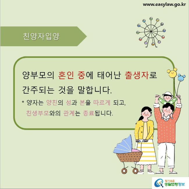 www.easylaw.go.kr 친양자입양 양부모의 혼인 중에 태어난 출생자로 간주되는 것을 말합니다. * 양자는 양친의 성과 본을 따르게 되고, 친생부모와의 관계는 종료됩니다.    