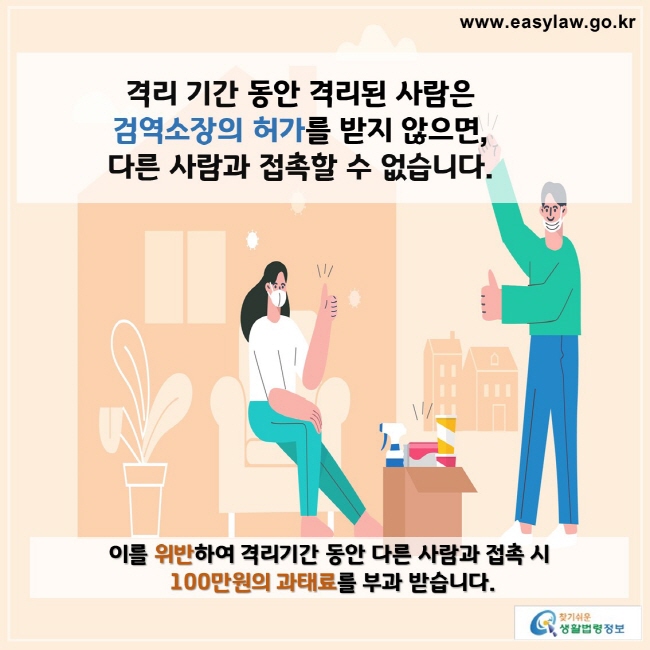 격리 기간 동안 격리된 사람은 
검역소장의 허가를 받지 않으면,
다른 사람과 접촉할 수 없습니다. 

이를 위반하여 격리기간 동안 다른 사람과 접촉 시
 100만원의 과태료를 부과 받습니다. 

찾기쉬운 생활법령정보