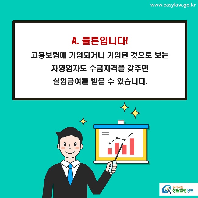 A. 물론입니다! 
고용보험에 가입되거나 가입된 것으로 보는 
자영업자도 수급자격을 갖추면 
실업급여를 받을 수 있습니다.
