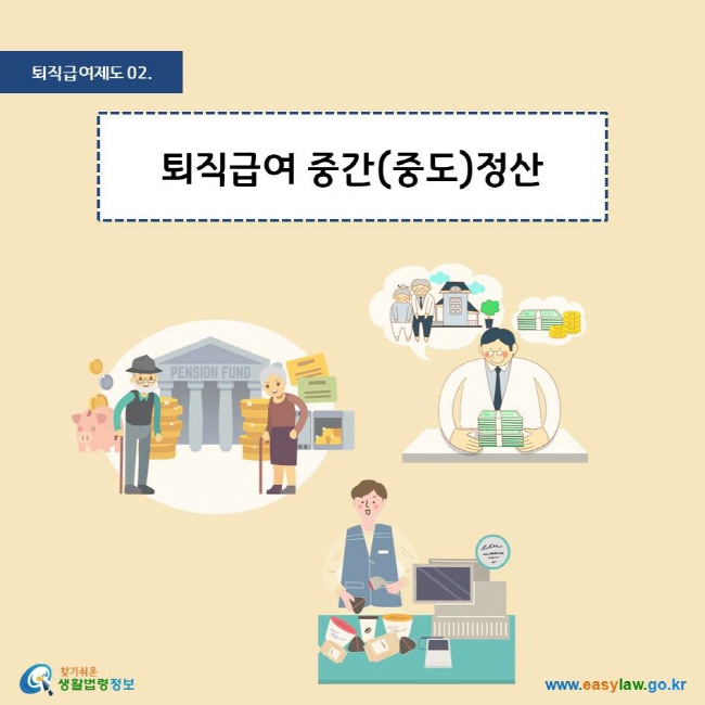 퇴직급여제도 02.퇴직급여 중간(중도)정산
찾기쉬운생활법령정보 로고
www.easylaw.go.kr
