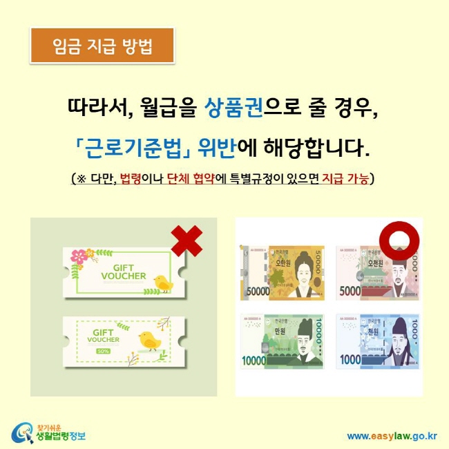 따라서, 월급을 상품권으로 줄 경우,  「근로기준법」 위반에 해당합니다. (※ 다만, 법령이나 단체 협약에 특별규정이 있으면 지급 가능)