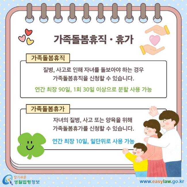 가족돌봄휴직ㆍ휴가 가족돌봄휴직 질병, 사고로 인해 자녀를 돌보아야 하는 경우 가족돌봄휴직을 신청할 수 있습니다.  연간 최장 90일, 1회 30일 이상으로 분할 사용 가능 가족돌봄휴가 자녀의 질병, 사고 또는 양육을 위해  가족돌봄휴가를 신청할 수 있습니다. 연간 최장 10일, 일단위로 사용 가능