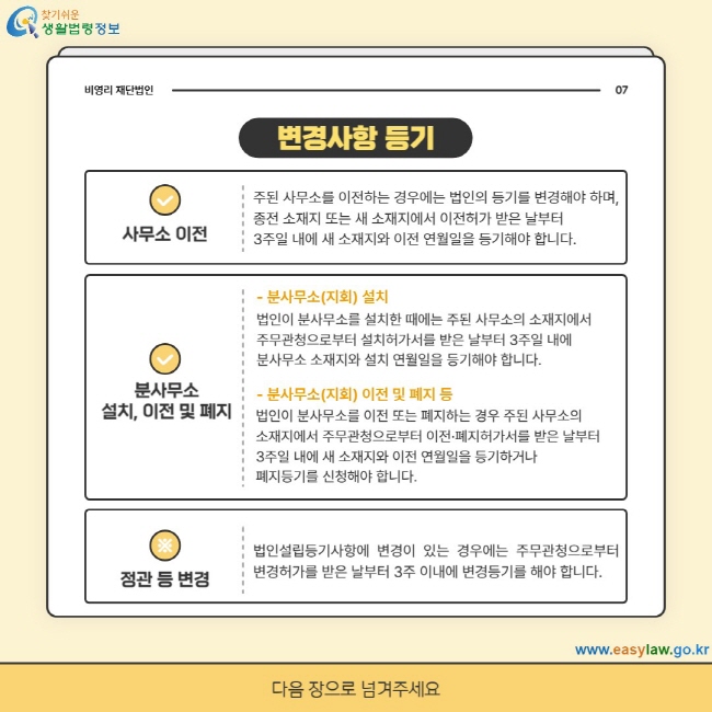변경사항 등기 사무소 이전: 주된 사무소를 이전하는 경우에는 법인의 등기를 변경해야 하며, 종전 소재지 또는 새 소재지에서 이전허가 받은 날부터  3주일 내에 새 소재지와 이전 연월일을 등기해야 합니다. / 분사무소 설치, 이전 및 폐지: -분사무조(지회) 설치(법인이 분사무소를 설치한 때에는 주된 사무소의 소재지에서  주무관청으로부터 설치허가서를 받은 날부터 3주일 내에  분사무소 소재지와 설치 연월일을 등기해야 합니다.) -분사무소(지회) 이전 및 폐지 등(법인이 분사무소를 이전 또는 폐지하는 경우 주된 사무소의  소재지에서 주무관청으로부터 이전·폐지허가서를 받은 날부터  3주일 내에 새 소재지와 이전 연월일을 등기하거나 폐지등기를 신청해야 합니다.) / 정관 등 변경: 법인설립등기사항에 변경이 있는 경우에는 주무관청으로부터 변경허가를 받은 날부터 3주 이내에 변경등기를 해야 합니다.