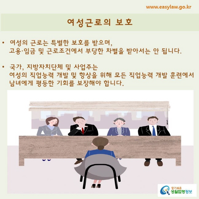 여성의 근로는 특별한 보호를 받으며, 고용·임금 및 근로조건에서 부당한 차별을 받아서는 안 됩니다.

국가, 지방자치단체 및 사업주는 여성의 직업능력 개발 및 향상을 위해 모든 직업능력 개발 훈련에서 남녀에게 평등한 기회를 보장해야 합니다.
