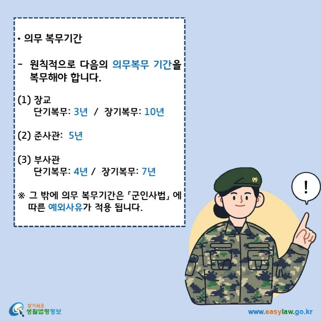 의무 복무기간
원칙적으로 다음의 의무복무 기간을 복무해야 합니다.
(1) 장교
단기복무: 3년  /  장기복무: 10년
(2) 준사관:  5년
(3) 부사관
단기복무: 4년 /  장기복무: 7년
※ 그 밖에 의무 복무기간은 「군인사법」 에 따른 예외사유가 적용 됩니다.
찾기쉬운 생활법령정보 로고
www.easylaw.go.kr
