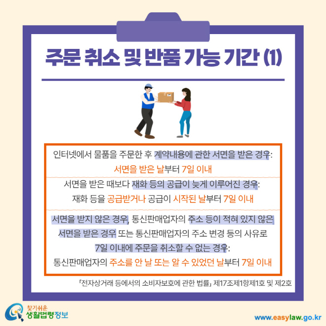 인터넷에서 물품을 주문한 후 계약내용에 관한 서면을 받은 경우: 서면을 받은 날부터 7일 이내 서면을 받은 때보다 재화 등의 공급이 늦게 이루어진 경우:  재화 등을 공급받거나 공급이 시작된 날부터 7일 이내 서면을 받지 않은 경우, 통신판매업자의 주소 등이 적혀 있지 않은 서면을 받은 경우 또는 통신판매업자의 주소 변경 등의 사유로  7일 이내에 주문을 취소할 수 없는 경우:  통신판매업자의 주소를 안 날 또는 알 수 있었던 날부터 7일 이내