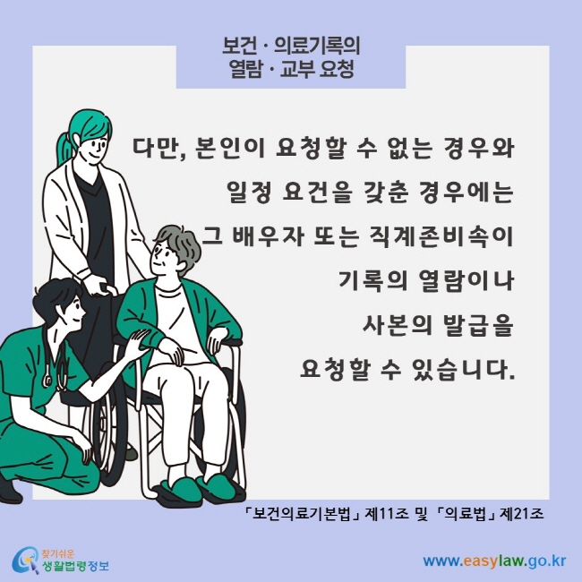 보건ㆍ의료기록의 열람 ㆍ교부 요청, 다만, 본인이 요청할 수 없는 경우와 일정 요건을 갖춘 경우에는 그 배우자 또는 직계존비속이 기록의 열람이나 사본의 발급을 요청할 수 있습니다. 「보건의료기본법」 제11조 및  「의료법」 제21조 