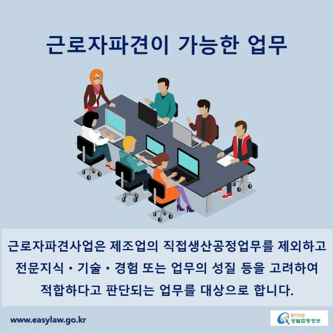 근로자파견이 가능한 업무
근로자파견사업은 제조업의 직접생산공정업무를 제외하고 전문지식ㆍ기술ㆍ경험 또는 업무의 성질 등을 고려하여 적합하다고 판단되는 업무를 대상으로 합니다.