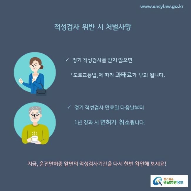 적성검사 위반 시 처벌사항
정기 적성검사를 받지 않으면 「도로교통법」에 따라 과태료가 부과 됩니다.
정기 적성검사 만료일 다음날부터 1년 경과 시 면허가 취소됩니다.  

지금, 운전면허증 앞면의 적성검사기간을 다시 한번 확인해 보세요! 
