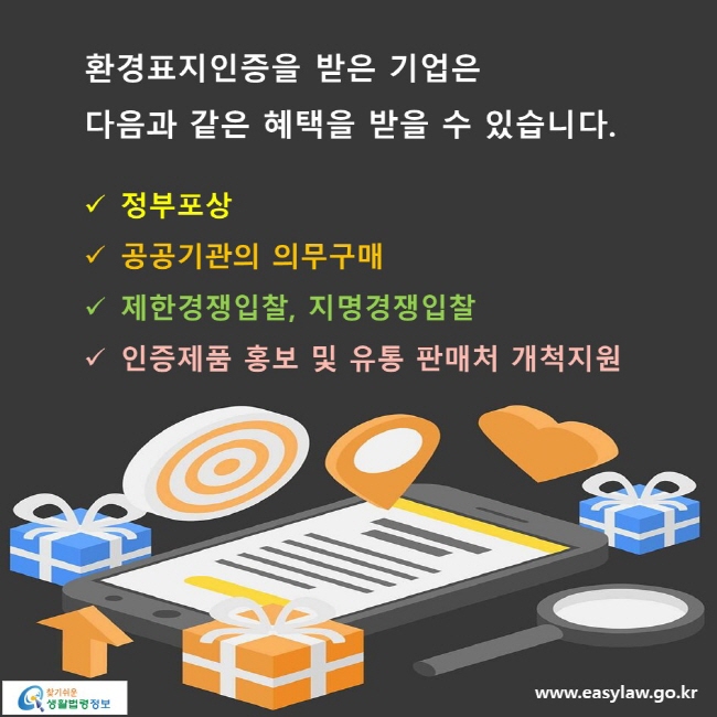 환경표지인증을 받은 기업은 다음과 같은 혜택을 받을 수 있습니다. √ 정부포상 √ 공공기관의 의무구매 √ 제한경쟁입찰, 지명경쟁입찰 √ 인증제품 홍보 및 유통 판매처 개척지원