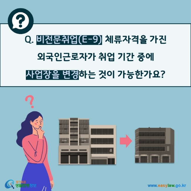 Q. 비전문취업(E-9) 체류자격을 가진  외국인근로자가 취업 기간 중에  사업장을 변경하는 것이 가능한가요?