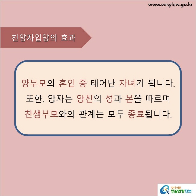 www.easylaw.go.kr 친양자입양의 효과 양부모의 혼인 중 태어난 자녀가 됩니다. 또한, 양자는 양친의 성과 본을 따르며 친생부모와의 관계는 모두 종료됩니다.