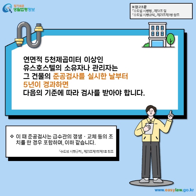 연면적 5천제곱미터 이상인  유스호스텔의 소유자나 관리자는  그 건물의 준공검사를 실시한 날부터  5년이 경과하면  다음의 기준에 따라 검사를 받아야 합니다.  이 때 준공검사는 급수관의 갱생ㆍ교체 등의 조치를 한 경우 포함하며, 이하 같습니다.  		            「수도법 시행규칙」 제23조제1항제1호 참조  ※ 참고조문 「수도법 시행령」 제51조 및  「수도법 시행규칙」 제23조제1항 참조 