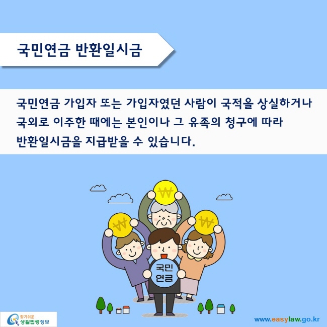 국민연금 반환일시금

국민연금 가입자 또는 가입자였던 사람이 국적을 상실하거나 국외로 이주한 때에는 본인이나 그 유족의 청구에 따라 반환일시금을 지급받을 수 있습니다.