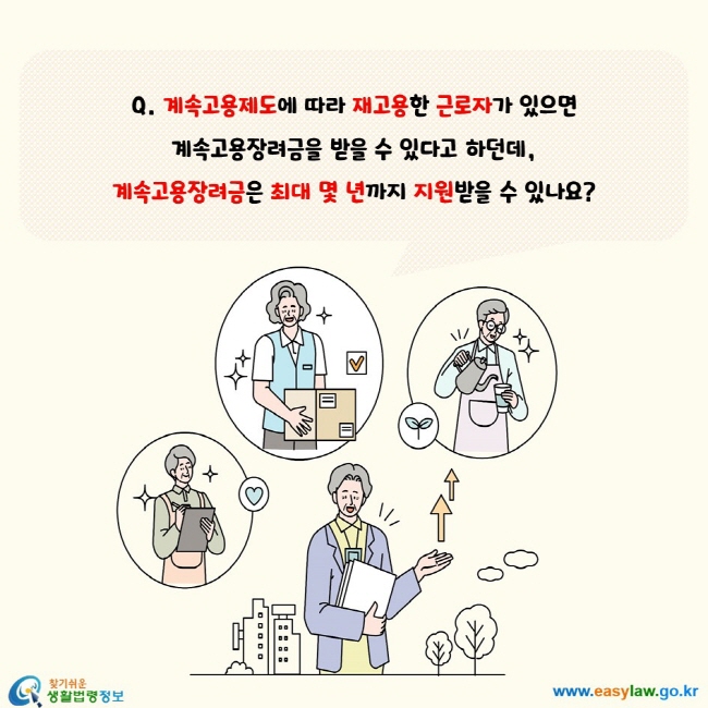 계속고용제도에 따라 재고용한 근로자가 있으면 계속고용장려금을 받을 수 있다고 하던데, 계속고용장려금은 최대 몇 년까지 지원받을 수 있나요?