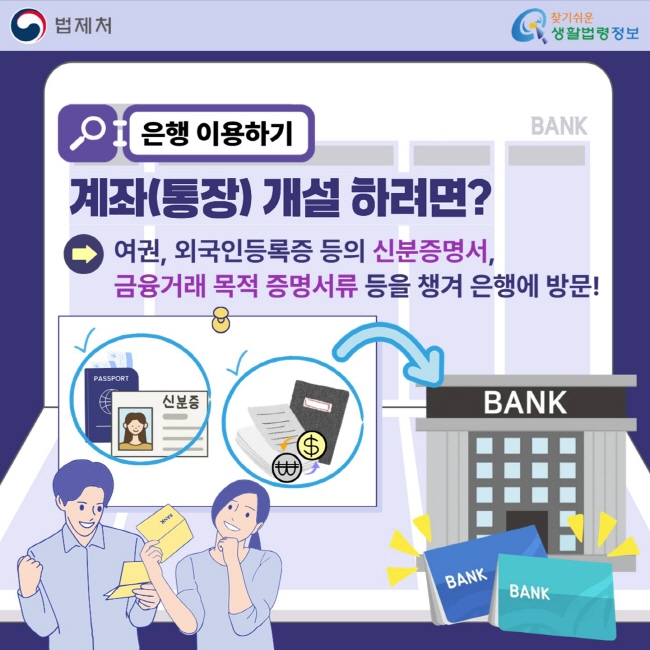 은행 이용하기-계좌(통장) 개설 하려면?: 여권, 외국인등록증 등의 신분증명서,&nbsp;금융거래&nbsp;목적 증명서류 등을 챙겨 은행에 방문!