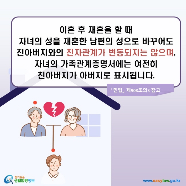 이혼 후 재혼을 할 때 자녀의 성을 재혼한 남편의 성으로 바꾸어도 친아버지와의 친자관계가 변동되지는 않으며, 자녀의 가족관계증명서에는 여전히 친아버지가 아버지로 표시됩니다. (「민법」 제908조의3 참고)