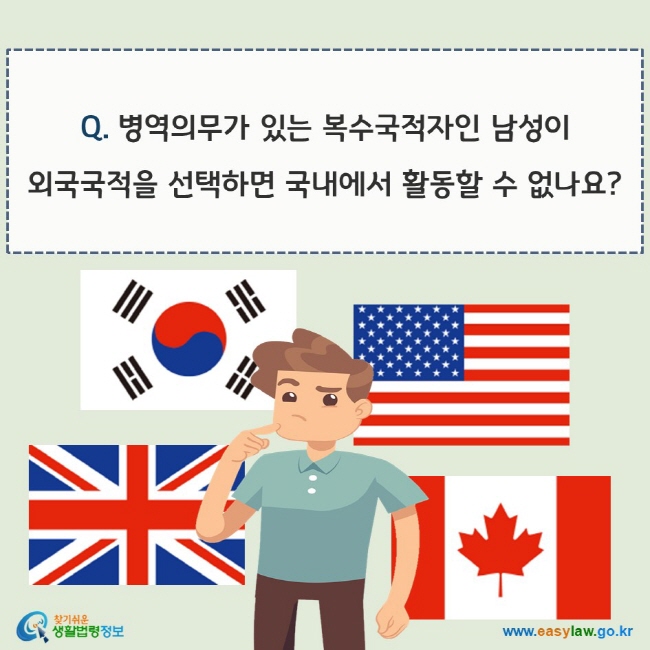 www.easylaw.go.kr Q. 병역의무가 있는 복수국적자인 남성이 외국국적을 선택하면 국내에서 활동할 수 없나요?